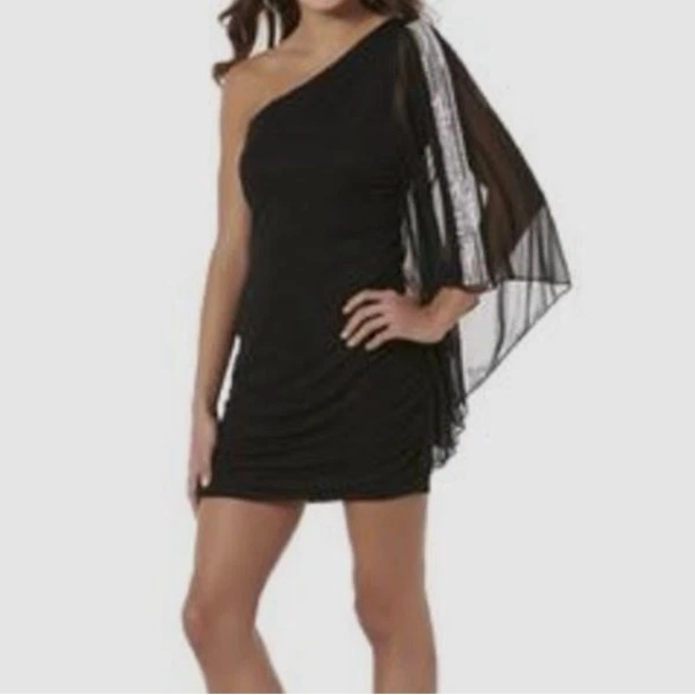 Bongo Women Juniors Black One-Shoulder Embellished Sleeve Ruched Mini Dress XL
